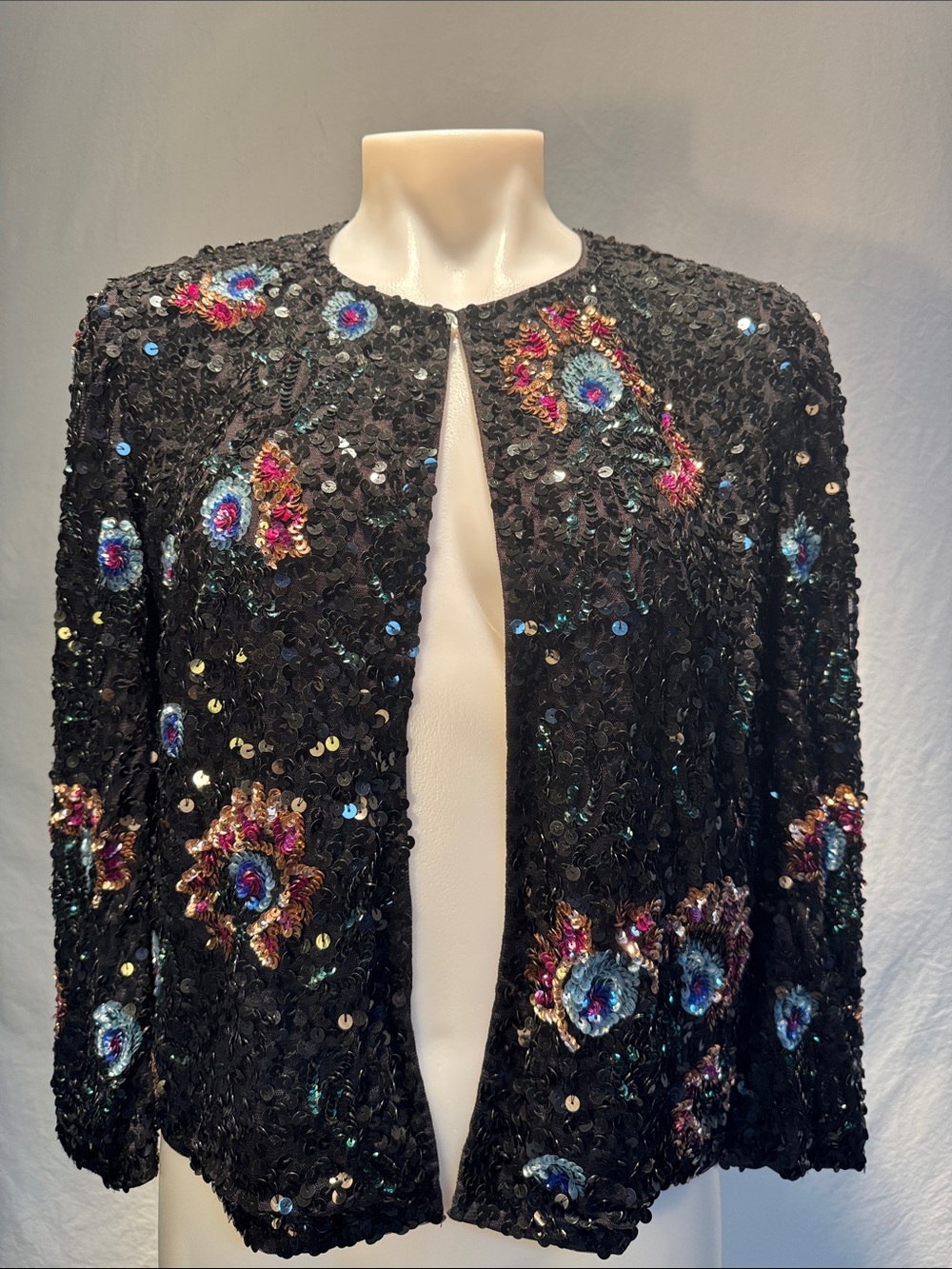 French Connection Black Sequin Jacket with Colorful Floral Embellishments - Picture 1 of 11
